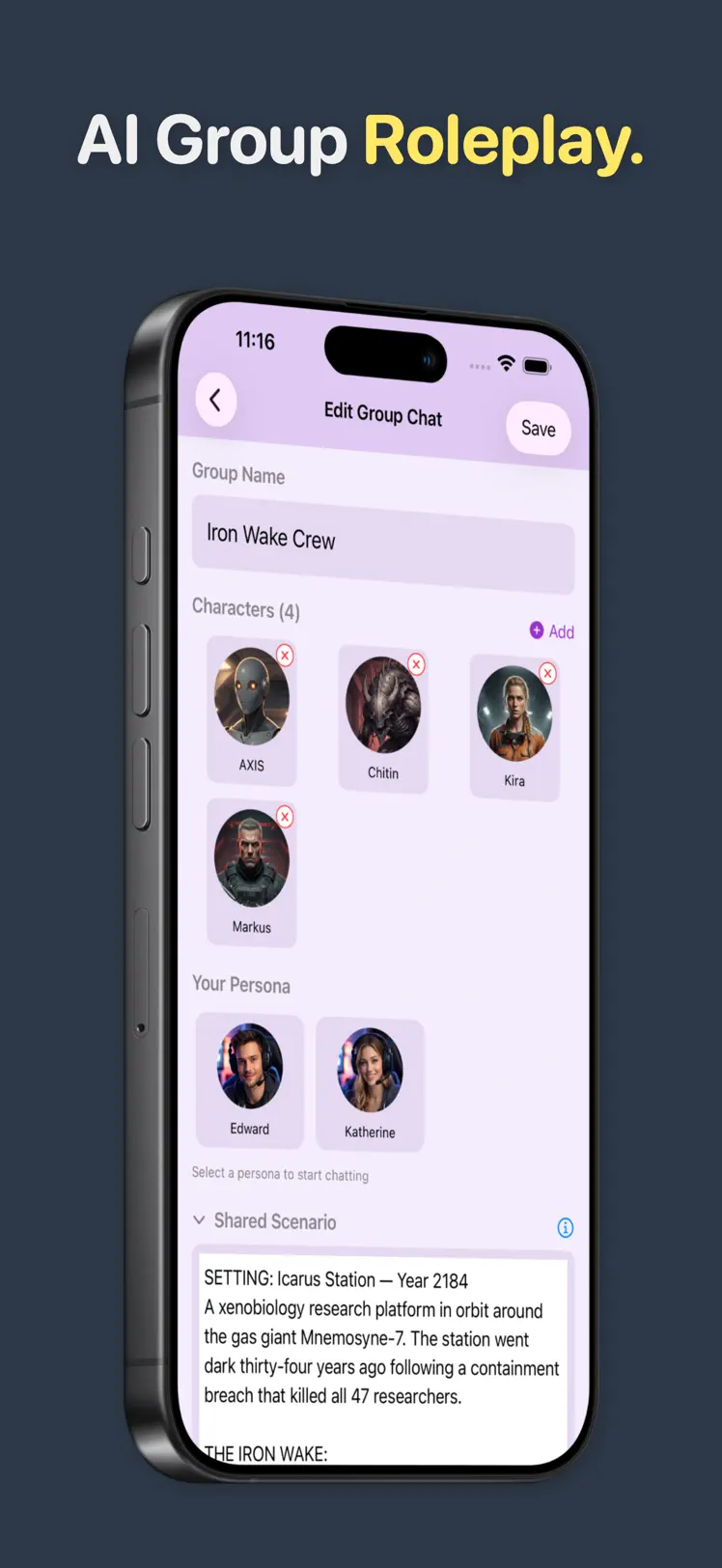 Group chat editor with four AI characters — AXIS, Chitin, Kira, and Markus — and a shared sci-fi scenario, captioned AI Group Roleplay