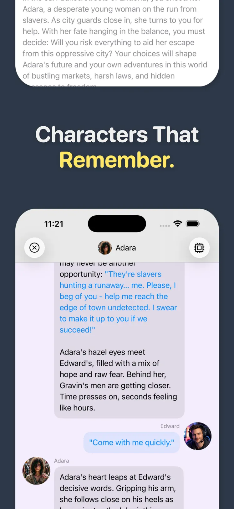 Long roleplay chat with the character Adara showing the story being remembered across messages, captioned Characters That Remember