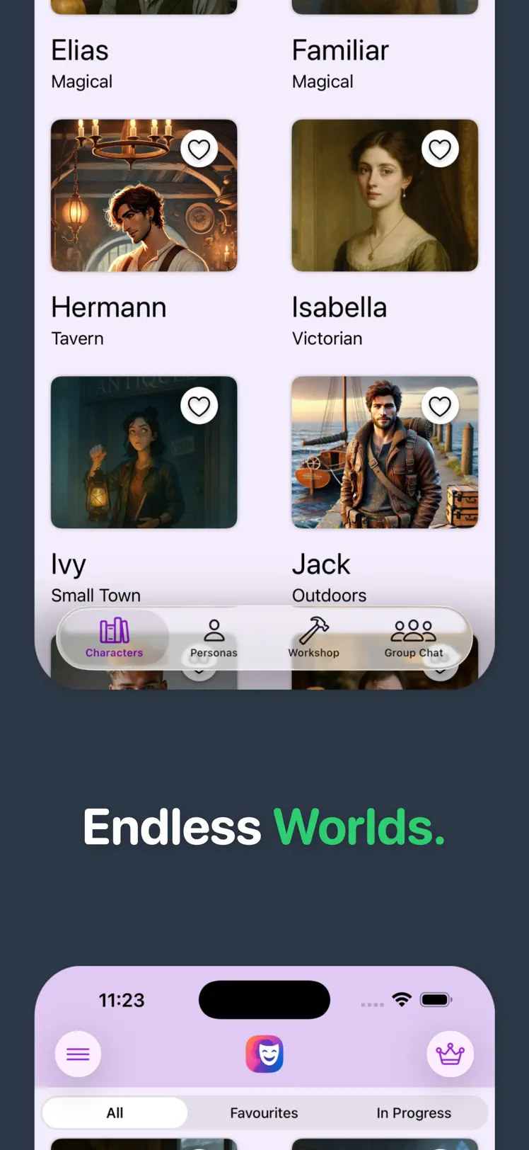 Character library spanning genres — magical, tavern, Victorian, small town, outdoors — captioned Endless Worlds